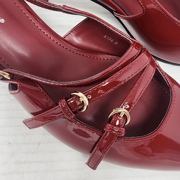 MUCCCUTE Red Patent Leather Slingback Kitten Heels Pointed Buckle Shoes Size 8 - Picture 6 of 10